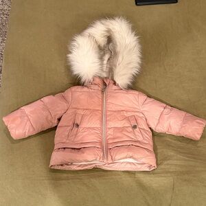 Michael Kors Pink Puffer Jacket with Faux Fur Hood